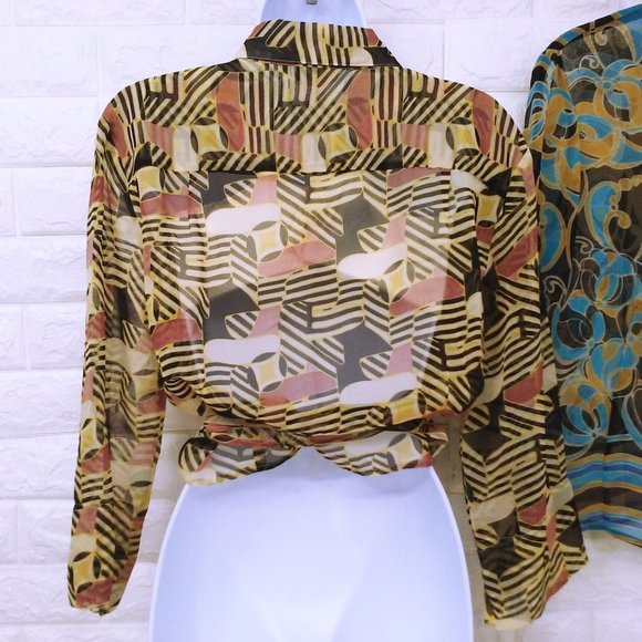 Lot of 2 Tops Sheer Blouses Geometric Patterned -M(10) Open-Front Button-up - Picture 10 of 13